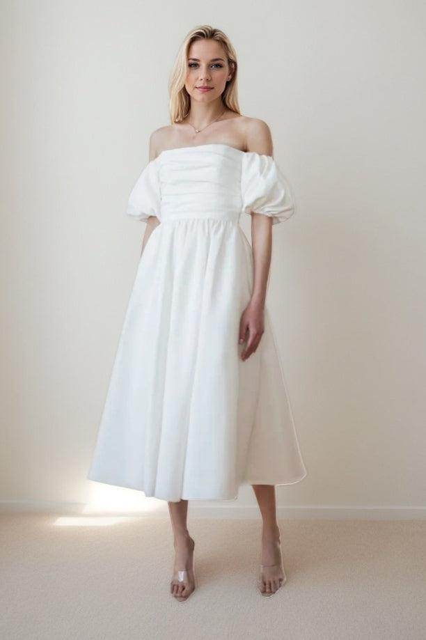 A-Line Tea Length Satin Wedding Dress CW3436 - COCOMELODY